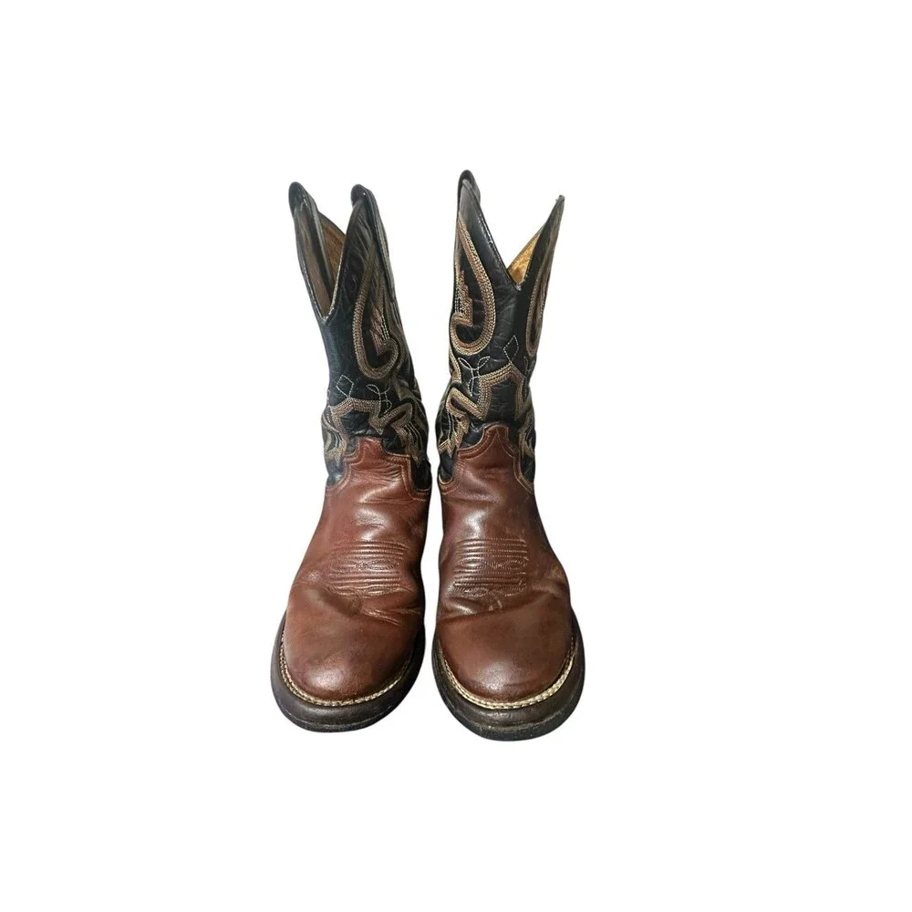 Vintage Roper Mens Brown Leather Cowboy Pull On Boots Size 8 Embroidered Spain